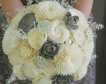 Ivory sola flower bouquet, natural bouquet, brooch bouquet, wooden flower, bride bouquet, custom bouquet, bling bouquet, wedding decor