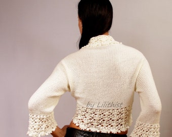 Bridal Shrug, Bolero Jacket, Ivory Wedding Bolero, Crochet Shrug, Knit Bolero, Lace Bolero, Bridal Cape, 3/4 Sleeve, Cardigan Sweater, Sale