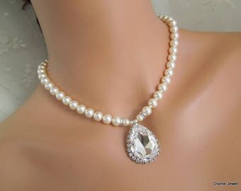 pearl rhinestone necklace, bridal necklace, Wedding Rhinestone necklace, swarovski crystal and pearl necklace, Statement necklace, FERNANDA