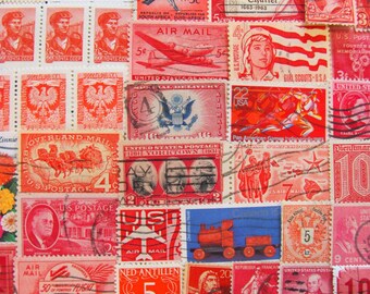 Shades of Red 100 Vintage Postage Stamps Assorted Reds Postage Stamps Ruby Red Pink Blood Fire Engine Crimson Carmine US Worldwide Philately