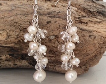 Freshwater pearl and swarovski earrings with Sterling silver- white ivory bridal earrings