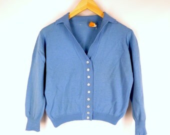 Cropped Pendleton Cardigan Sweater, Light Blue, Vintage 1960s Womens Extra Small - Small
