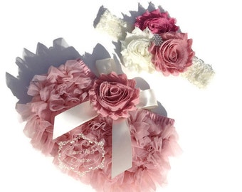 Baby Bloomer Set, Dusty Rose Chiffon Ruffle Bloomer and Headband, Photo Prop Set, Newborn Bloomer, Vintage Pink Bloomer, Ruffle Diaper Cover