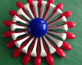 Classic vintage large patriotic red white and blue flower brooch