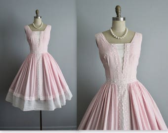 50's Dress // Vintage 1950's Pink White Checked Cotton Lace Garden Party Cupcake Summer Dress XS