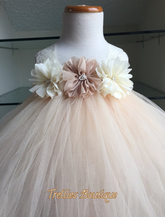 Ivory Champagne Flower Girl Chiffon Flower Tutu Dress Flower