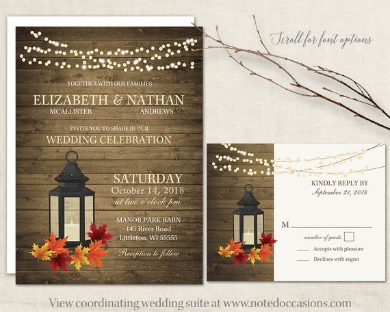 Rustic Fall Wedding Invitations Set Metal Lantern Wedding Fall wedding invitation set with rustic fall appeal. Rustic fall wedding lantern wedding invitations designed with the fall wedding in mind