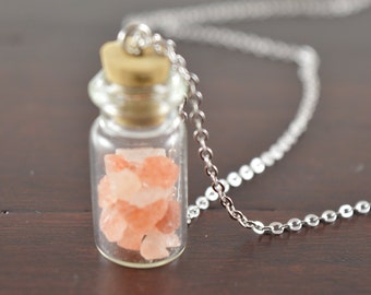 Pink Himalayan Salt Crystal Necklace, Bottle Necklace, Vial Necklace, Terrarium Necklace, Rock Garden Necklace, Pink Gemstone Vial Necklace