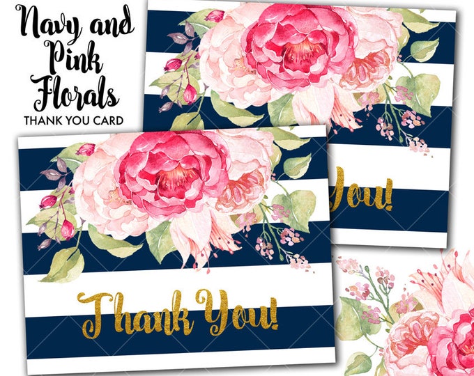 Navy Blue and White Stipes Pink Floral Peonies and Gold Folded Type Thank You Card Party Printables