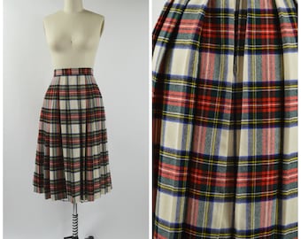 Vintage 1970s 1980s Wool Skirt Tartan Plaid Size Small 24" Waist Pleated Plaid Skirt Off White Red and Navy Blue