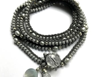 Gray pearl beaded crochet wrap bracelet or necklace, crochet jewelry, bohemian jewelry, summer fashion, coffycrochet, gift for her
