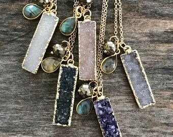 Druzy Bar Necklace, Drusy Necklace, Gemstone Necklace, Bar Necklace, Gemstone Bar Necklace, Druzy Quartz Jewelry, Raw Stone Necklace