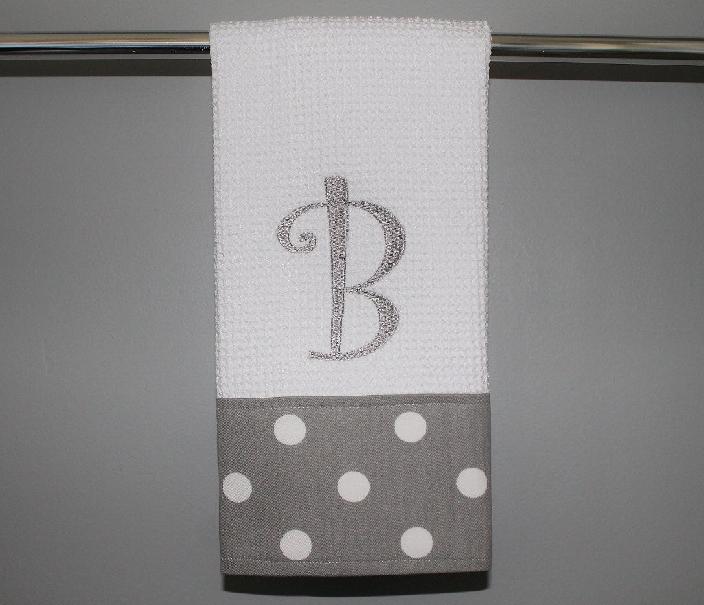 Monogrammed Grey and White Dot Kitchen Towel or Hand Towel