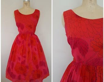 Vintage 1950s Dress / Red Floral Chiffon / Medium