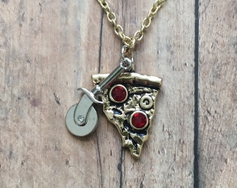Gold rhinestone pizza necklace