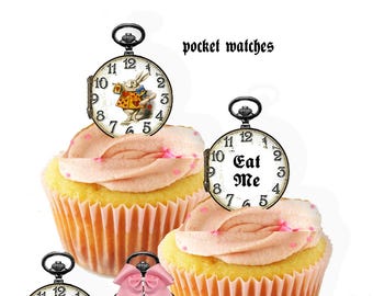printable Alice in Wonderland Cupcake toppers pocket watch clock DIY collage sheet
