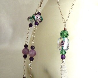 Art Nouveau Floral Necklace 925 Sterling Silver Chain 44 Inch Flapper Tassel Sautoir Lampwork Czech Glass Beaded Amethyst Swarovski Crystals