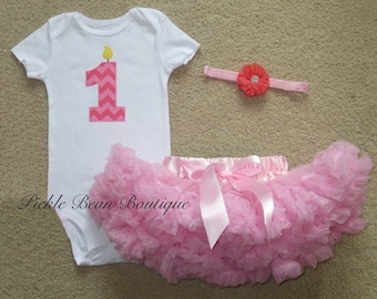Pink Chevron - 1st Birthday Girl Outfit - Ready To Ship - Bodysuit - Pink Pettiskirt Tutu - Headband - Baby Girls First Birthday Outfit