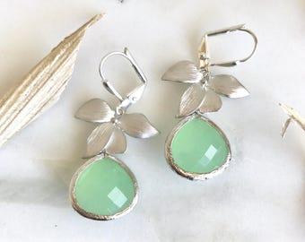 Silver Orchid and Large Mint Green Teardrop Drop Earrings. Mint Dangle Earrings. Jewelry Gift for Her. .