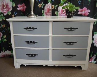 Mid Century Dresser Hand Painted Gray and White Furniture Bedroom
