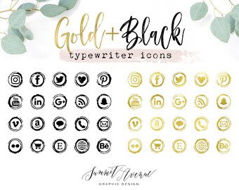 Gold Foil & Black Type Writer Keys Social Icons for your blog or website - Gold Vintage Typewriter Social Media Icons