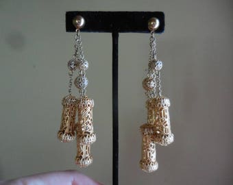 Vintage Gold Tone Filigree Extra Long 1960s to 1970s Retro Earrings Pierced Chains Dangles Updated Ooak