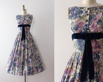 vintage 1950s dress // 50s blue and pink floral day dress
