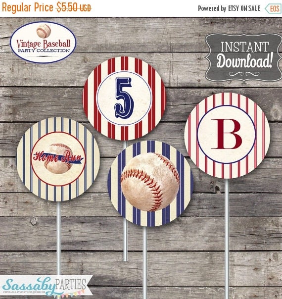  ON SALE  Vintage Baseball Party  Circles Cupcake Toppers 