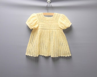 Vintage Baby Clothes, 1950's Handmade Cream Baby Girl Dress, Vintage Baby Dress, Cream Baby Dress, Crocheted Baby Dress, Size 6-12 Months