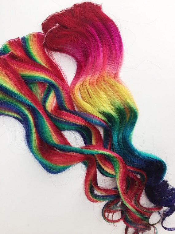 Rainbow Human Hair Extensions. Colored Hair Extension Clip