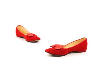 Vintage 1960's Daniel Green Red Velvet Satin Bow Boudoir Lounge Flat Slipper Shoes 9
