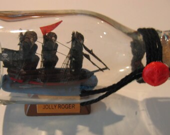 Pirate Ship in a Bottle--JOLLY ROGER Three Masted 4 1/2" long