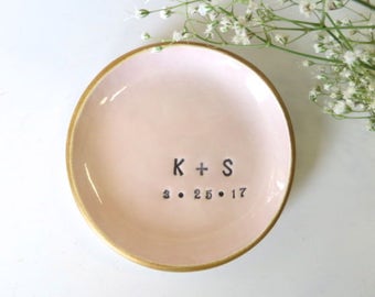 Wedding ring dish, Ring holder, Engagement gift, You and Me, Soft Pink and Gold, Wedding Gift, Gift for Couple, Handmade Pottery