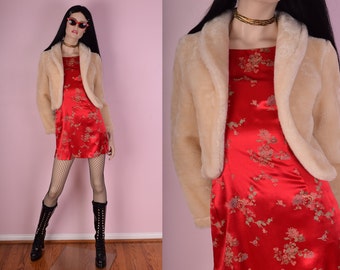 90s Tan Faux Fur Cropped Jacket/ Small/ 1990s