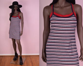 90s Striped Tank Dress/ Medium/ 1990s/ Sleeveless/ Sporty