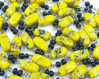 Yellow Venetian Art Glass Necklace LONG Flapper Length Beads Murano Glass Necklace