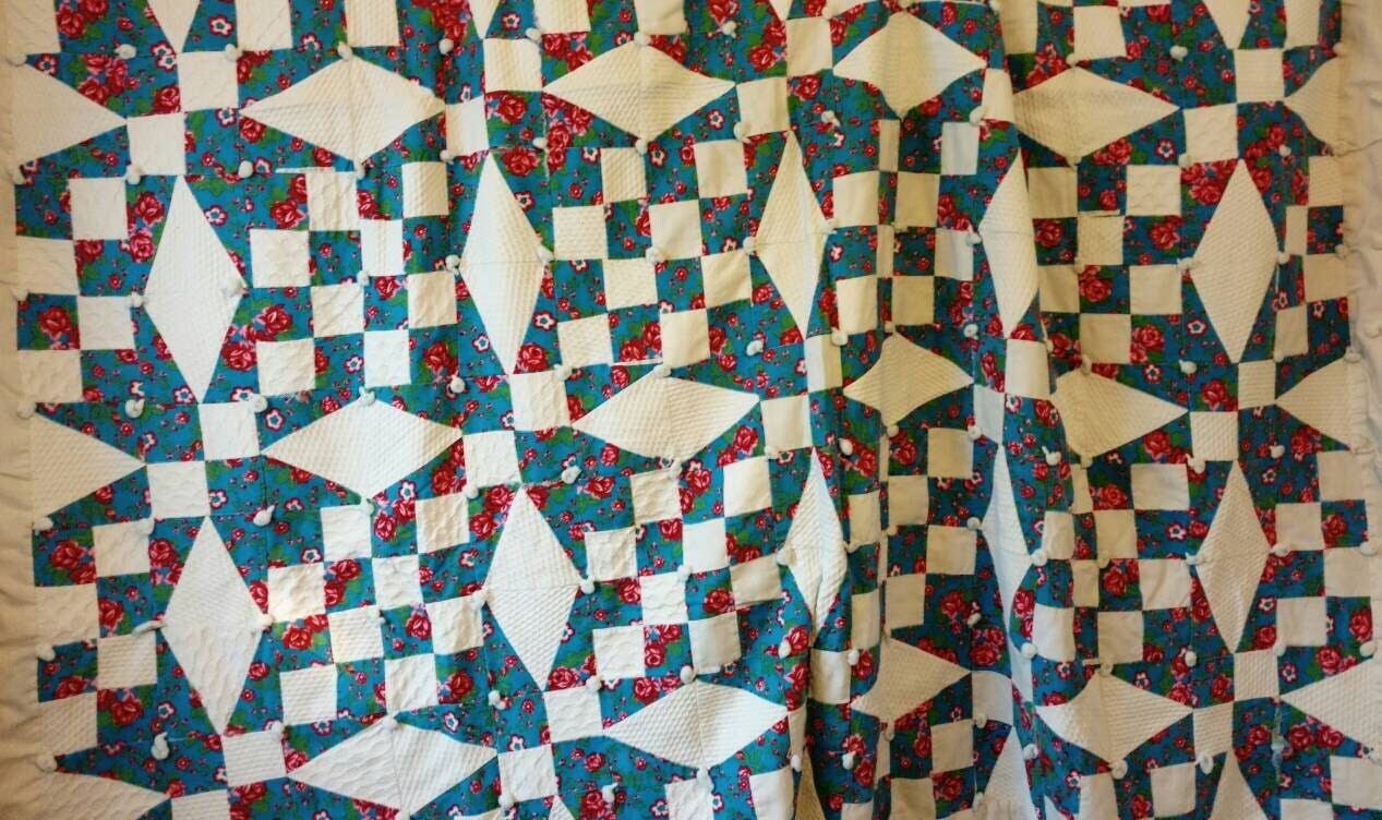 Antique Hand Stitched Rose Aqua White Quilt Old Handmade