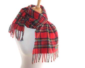 Lambswool tartan scarf, made in Scotland. Tweedvale Royal Stewart tartan scarf. Red plaid scarf