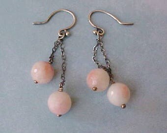 Lovely Silver Earrings with Dangling Faceted Stones of Peach and Cream
