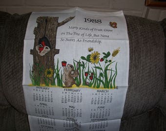 Vintage 1988 Calendar Tea Towel...Friendship...Good Colors...Beautiful...1980's Wall Art ...Like New.....
