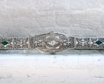 Vintage Art Deco Filigree 10K White Gold Diamond and Colored Glass Bracelet by Esemco.