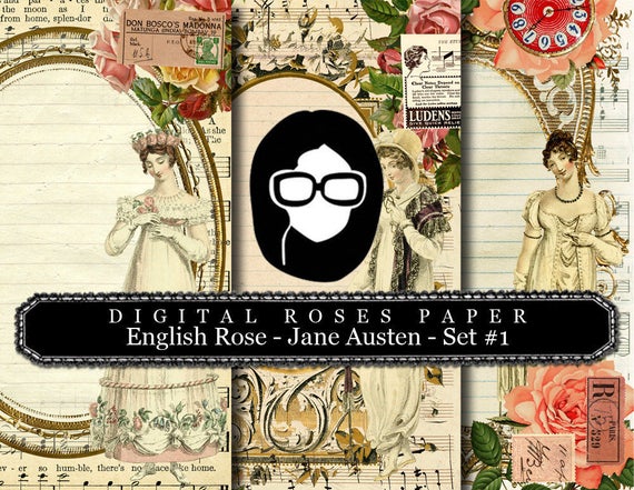 Jane Austen Print - English Rose - Digital Roses Paper - Set #1 - 3 Pg Instant Downloads -  pride and prejudice, jane austen quote, regency