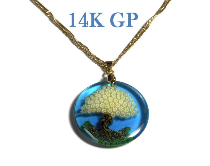 FREE SHIPPING Millefiori glass tree pendant, dark blue disc, yellow flower leaves, 14k gold plated chain, Singapore chain, marked 14KGP