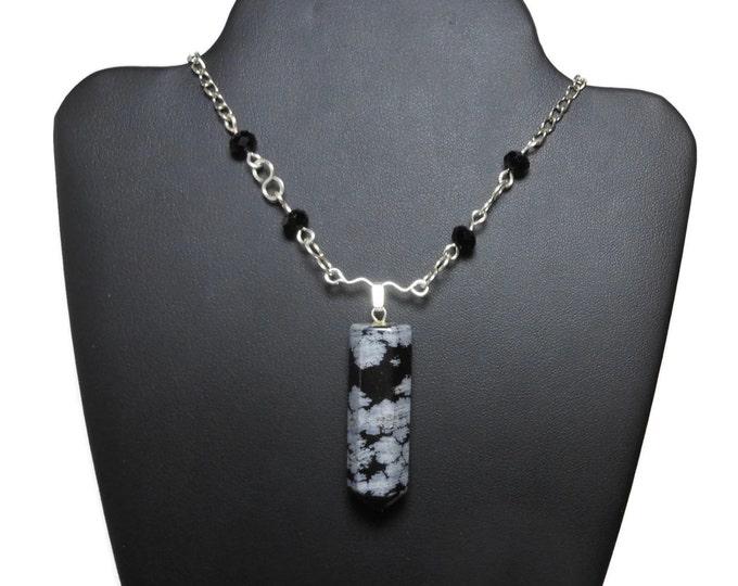 FREE SHIPPING Snowflake Obsidian necklace, bullet pendant, black Swarovski crystals, infinity connectors, silver plated chain, gemstone