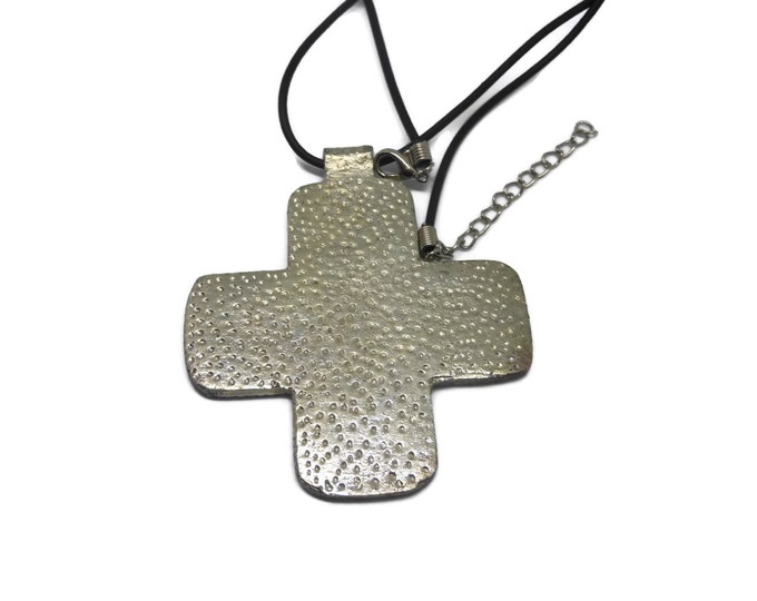 FREE SHIPPING Large unisex cross pendant, antiqued silver Swiss cross, ornate men or woman's cross, on black cord with extender chain