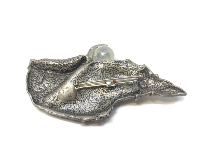 Large JJ wizard brooch sorcerer in pewter with rhinestones and opalescent crystal ball Jonette Jewelry