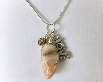 Pink Opal cluster with Love charm, silver chain
