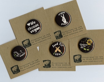 Vegan Pins / Vegan Badges / Vegan Runners / Indian ink Vegan paintings / Vegan Activist / Vegan gift / 1 inch pins / Vegan Power