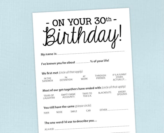 1. Funny 30th Birthday Party Game Card Printable PDF Milestone.