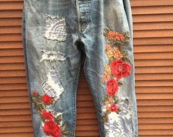 Made to Order RitaNoTiara vintage customised Levis jeans all sizes Embroidered patched patch roses floral denim damask mid west prairie boho
